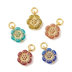 Mixed Color Plating Acrylic Pendants, Metal Enlaced, with Golden Tone Iron Findings, Flower, Mixed Color, 16x13x4mm, Hole: 4mm