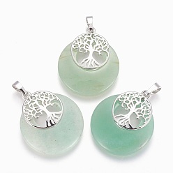 Green Aventurine Natural Green Aventurine Pendants, with Platinum Tone Brass Findings, Flat Round with Tree of Life, 32.5~33x27.5~28x5~6mm, Hole: 5x7mm