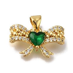 Зеленый Стойка металлическая латунная микропрофилированная кубическая циркония подвески, долговечный, без кадмия и без свинца, реальный 18 k позолоченный, бантом, зелёные, 10x18.5x5 мм, отверстие : 4x3 мм