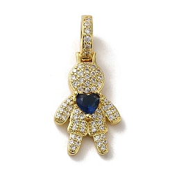Dark Blue Rack Plating Brass Micro Pave Clear Cubic Zirconia Pendants, Real 18K Gold Plated, Long-Lasting Plated, Lead Free & Cadmium Free, Human, Dark Blue, 30.5x14x9mm, Hole: 5.5mm