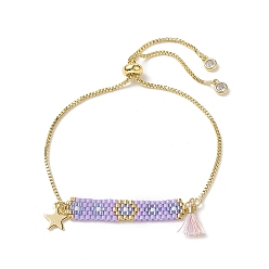 Lilac Handmade Japanese Seed Rectangle & Star & Tassel Charms Slider Bracelet, Golden 304 Stainless Steel Jewelry for Women, Lilac, 10-5/8 inch(27cm)