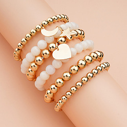 Golden 0051 Gold Beaded Bracelet with Star, Heart and Moon Charms in White - Basic European Style