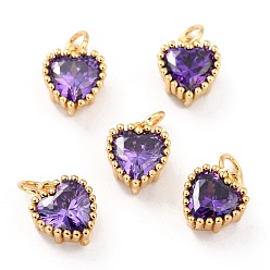 Purple Real 18K Gold Plated Brass Inlaid Cubic Zirconia Charms, with Jump Ring, Long-Lasting Plated, Heart, Purple, 8.5x7x4mm, Jump Ring: 4x0.5mm, 2.5mm Inner Diameter