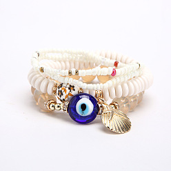 beige Bohemian Multi-layer Bracelet Set with Metal Shells and Evil Eye Charm Jewelry
