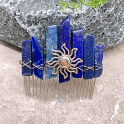 Lapis Lazuli Sun Wire Wrapped Natural Lapis Lazuli Hair Combs, with Iron Combs, Hair Accessories for Women Girls, 100x100mm