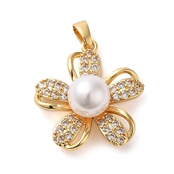 Real 18K Gold Plated Brass Micro Pave Clear Cubic Zirconia with Plastic Pearl Pendants, Flower Charms, Real 18K Gold Plated, 22x20.5x10mm, Hole: 2.5x4mm