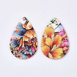 Colorful PU Leather Big Pendants, Double-Sided Flower Pattern, Teardrop, Colorful, 58x37.5x1.5mm, Hole: 2mm