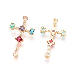 Golden Brass Micro Pave Cubic Zirconia Pendants, Long-Lasting Plated, Cross, Colorful, Golden, 43x24x4.5mm, Hole: 6x2.5mm