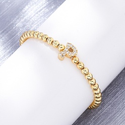 Letter P Латунные круглые бусины эластичные браслеты, Подвеска в виде буквы из латуни с микропаве из прозрачного кубического циркония для женщин, без свинца и без кадмия, стойки покрытие, реальный 18 k позолоченный, Письмо P, внутренний диаметр: 2~2-1/8 дюйм (5~5.5 см)