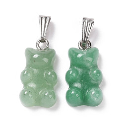 Green Aventurine Natural Green Aventurine Pendants, with Stainless Steel Color Tone 201 Stainless Steel Findings, Bear, 27.5mm, Hole: 2.5x7.5mm, Bear: 21x11x6.5mm