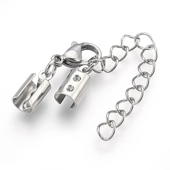 Stainless Steel Color 304 Stainless Steel Chain Extender, with Cord Ends and Lobster Claw Clasps, Stainless Steel Color, 36mm, Chain Extenders: 43mm, Cord End: 10.5x5x4.5mm, Inner Diameter: 4~4.5mm, Clasp: 12x7x3.5mm