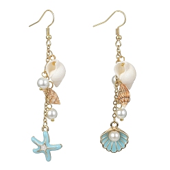 Sky Blue Alloy Enamel Starfish Dangle Earrings, Shell Pearll & Shell Asymmetrical Earrings, Sky Blue, 77x17mm