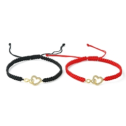 Mixed Color 2Pcs 2 Color Infinity & Heart Brass Micro Pave Clear Cubic Zirconia Link Bracelets Set, Nylon Thread Braided Couple Bracelets for Valentine's Day, Mixed Color, Inner Diameter: 2-3/8~3-3/8 inch(5.9cm), 1Pc/color