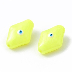 Yellow Glass Beads, with Enamel, Rhombus with Evil Eye Pattern, Yellow, 28x19x12mm, Hole: 1.2mm