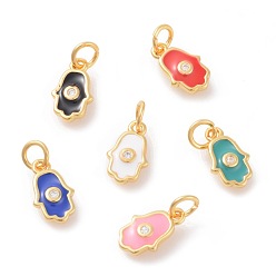 Mixed Color Brass Enamel Pendants, with Micro Pave Cubic Zirconia, Hamsa Hand/Hand of Fatima/Hand of Miriam, Golden, Mixed Color, 12x7x2mm, Hole: 3mm