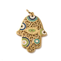 Golden Ion Plating(IP) 304 Stainless Steel Enamel Pendants, with Jump Ring, Hamsa Hand with Evil Eye Charm, Golden, 25x18x1mm, Hole: 4mm