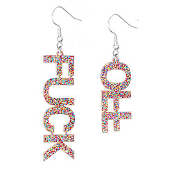 Colorful Bling Acrylic Word Fuck & Off Asymmetrical Earrings, Feminism Iron Dangle Earrings for Women, Colorful, 70mm