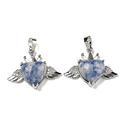(306FM) Жонкиль матовый с лаймовой подкладкой Натуральная голубая пятнистая яшма с подвесками из прозрачного кубического циркония, Подвески в форме сердца и крыльев с фурнитурой из латуни с металлическим покрытием, платина, без кадмия и без свинца, 25x31.5x8.5~9 мм, отверстие : 7.9x5 мм