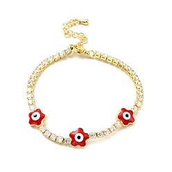 Red Flower with Evil Eye Enamel Link Bracelet with Clear Cubic Zirconia Tennis Chains, Gold Plated Brass Jewelry for Women, Cadmium Free & Lead Free, Red, 6-7/8 inch(17.5cm)