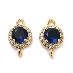 Midnight Blue Brass Pave Cubic Zirconia Connector Charms, Flat Round Links, Real 18K Gold Plated, Midnight Blue, 14.5x9x5mm, Hole: 1.5mm