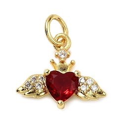 Красный Подвески в форме сердца с крыльями из латуни с микропаве из кубических цирконий, со стеклом, стойки покрытие, долговечный, без кадмия и без свинца, золотые, с целью перехода в кольце, красные, 12x14x3 мм, отверстие : 3.3 мм
