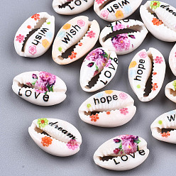 Mixed Color Printed Natural Cowrie Shell Beads, No Hole/Undrilled, with Word & Flower Pattern, Mixed Color, 18~22x13~14x6~8mm