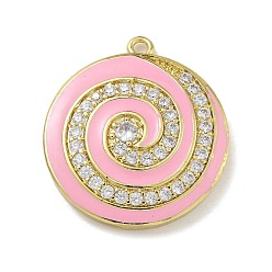 Pink Стойка покрытие латунь микропаве прозрачный кубический цирконий с эмалевыми подвесками, долговечный, без свинца и без кадмия, реальный 18 k позолоченный, плоские круглые с вихревыми узором, розовые, 27x24x5 мм, отверстие : 1.8 мм