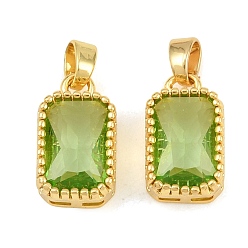 Lime Green Brass & Glass Pendants, Faceted Rectangle Charm, Long-Lasting Plated, Rack Plating, Cadmium Free & Lead Free, Golden, Lime Green, 17x10x6mm, Hole: 6x3.5mm