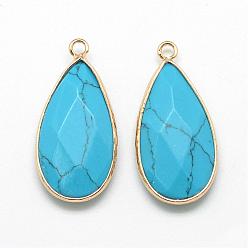 Deep Sky Blue Synthetic Turquoise Pendants, with Golden Tone Brass Findings, Faceted, teardrop, Deep Sky Blue, 32.5~33x16x6mm, Hole: 2.5mm
