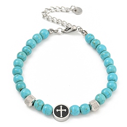 Cross 304 Женские круглые браслеты из нержавеющей стали и синтетической бирюзы из бисера, крестик, 7-1/8 дюйм (18.2 см)