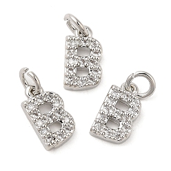 Real Platinum Plated Brass Micro Pave Grade AAA Cubic Zirconia Charms, Letter B, Cadmium Free & Nickel Free & Lead Free, Real Platinum Plated, 9x5x1.5mm, Hole: 2mm
