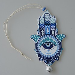 Dodger Blue Wood Hamsa Hand/Hand of Miriam with Evil Eye Hanging Ornament, for Car Rear View Mirror Decoration, Dodger Blue, 100mm
