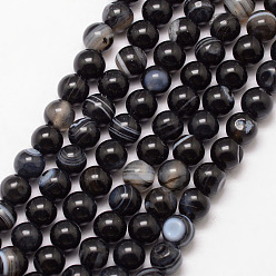 Black Natural Striped Agate/Banded Agate Bead Strands, Round, Grade A, Dyed & Heated, Black, 6mm, Hole: 1mm, about 61pcs/strand, 15 inch