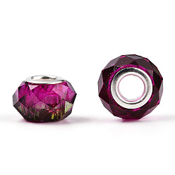 Medium Violet Red Transparent Resin European Beads, Imitation Crystal, Two-Tone Large Hole Beads, with Silver Tone Brass Double Cores, Faceted, Rondelle, Medium Violet Red, 14x8.5mm, Hole: 5mm