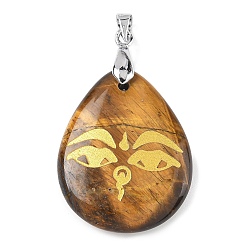 Тигровый глаз Природных тигровый глаз подвески, с реечной обшивкой латунными выводами, без кадмия и без свинца, очарование слезы, 31x25x5~7 мм, отверстие : 4.5x4 мм