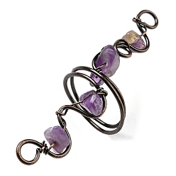 Amethyst Natural Amethyst Chips Finger Ring, Rack Plating Red Copper Brass Wire Wrap Wide Ring, Inner Diameter: 17~19mm