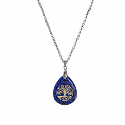 04-Lapis Lazuli Natural Stone Crystal Pendant Necklace with Tree of Life Design