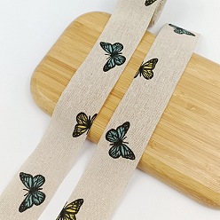Butterfly 40M Cotton Linen Printed Ribbons, Garment Accessories, Flat, Butterfly, 1-5/8 inch(40mm), about 43.74 Yards(40m)/Roll