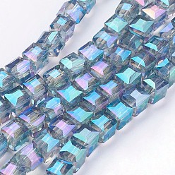 Medium Aquamarine Electroplate Glass Bead Strands, Faceted, Cube, Medium Aquamarine, 4x4x4mm, Hole: 1mm, about 100pcs/strand, 15.7 inch
