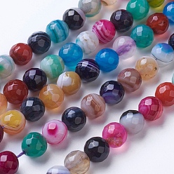 Mixed Color Natural Striped Agate/Banded Agate Beads Strands, Dyed & Heated, Faceted, Grade A, Round, Mixed Color, 8mm, Hole: 1.2mm, about 47pcs/strand, 14.9 inch(38cm)