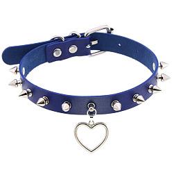 Blue Sapphire Punk Rivet Spike Lock Collar Chain Necklace with Soft Girl Peach Heart Pendant