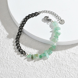 Green Aventurine Natural Green Aventurine Chips Beaded Bracelet, with Black Stainless Steel Curb Chains, 6-1/4 inch(16cm)