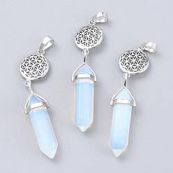 Opalite Opalite Pointed Big Pendants, with Platinum Plated Brass Findings, Faceted, Bullet & Flower of Life, 59~67x14~15mm, Hole: 7x5mm