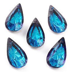 Bermuda Blue Embossed Glass Rhinestone Pendants, Teardrop, Faceted, Bermuda Blue, 20x10x5.5mm, Hole: 1.5mm