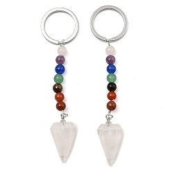 Quartz Crystal Natural Quartz Crystal Cone Pendant Keychain, with 7 Chakra Gemstone Beads and Platinum Tone Brass Findings, 108mm