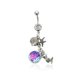 Фуксин 316l хирургические кольца для живота в виде морской звезды-русалки из нержавеющей стали, со сплавочной фурнитурой, цвет нержавеющей стали, фуксиново-красные, Кулон : 30x12 мм