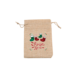 Christmas Socking Rectangle Christmas Themed Burlap Drawstring Gift Bags, Gift Pouches for Christmas Party Supplies, BurlyWood, Christmas Socking, 14x10cm