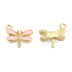 Pearl Pink Light Gold Plated Alloy Charms, with Enamel, Dragonfly, Pearl Pink, 14.5x15.5x3mm, Hole: 1.8mm
