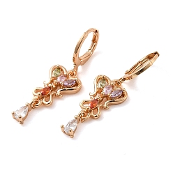 Colorful Rack Plating Golden Brass Dangle Leverback Earrings, with Cubic Zirconia, Butterfly, Colorful, 36x11mm