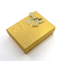 Золотистый Прямоугольник картона комплект ювелирных изделий коробки, 2 слотов, с внешними бантом и губкой внутри, для кольца и серьги, золотые, 83x53x27 мм